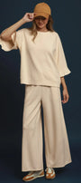 SELECT LUXENIT Round Neck Ruffle Tier Ragland Sleeve Top with Wide Leg Pants Set