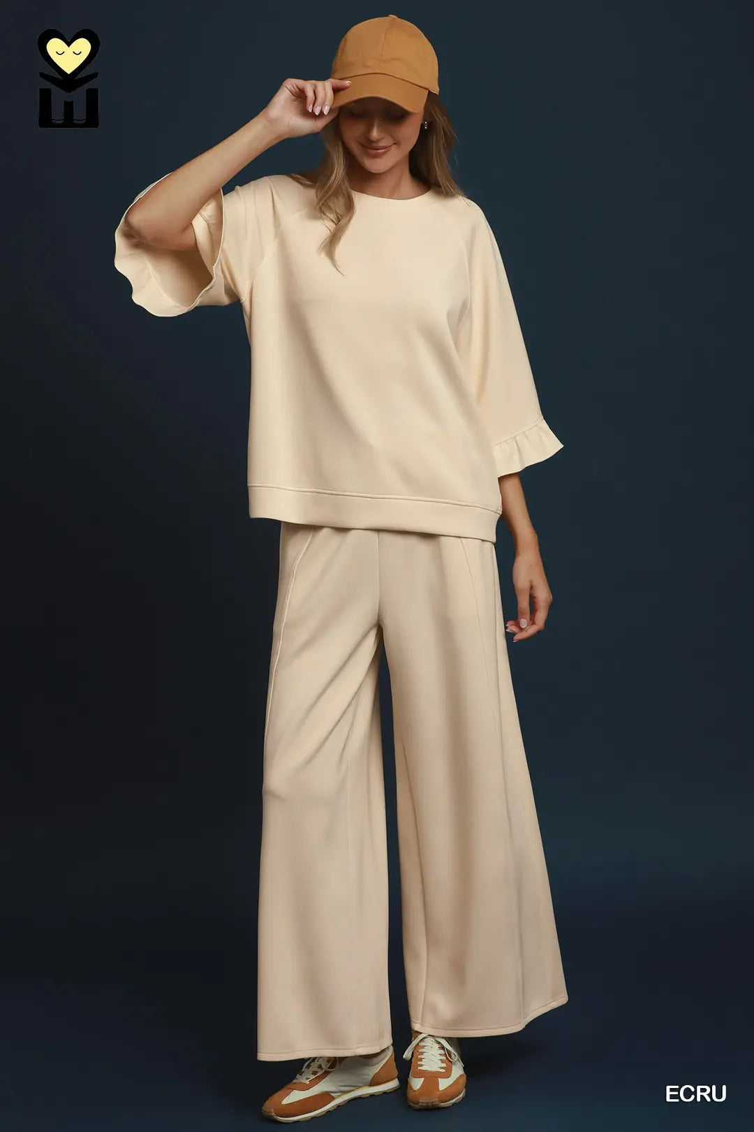 SELECT LUXENIT Round Neck Ruffle Tier Ragland Sleeve Top with Wide Leg Pants Set