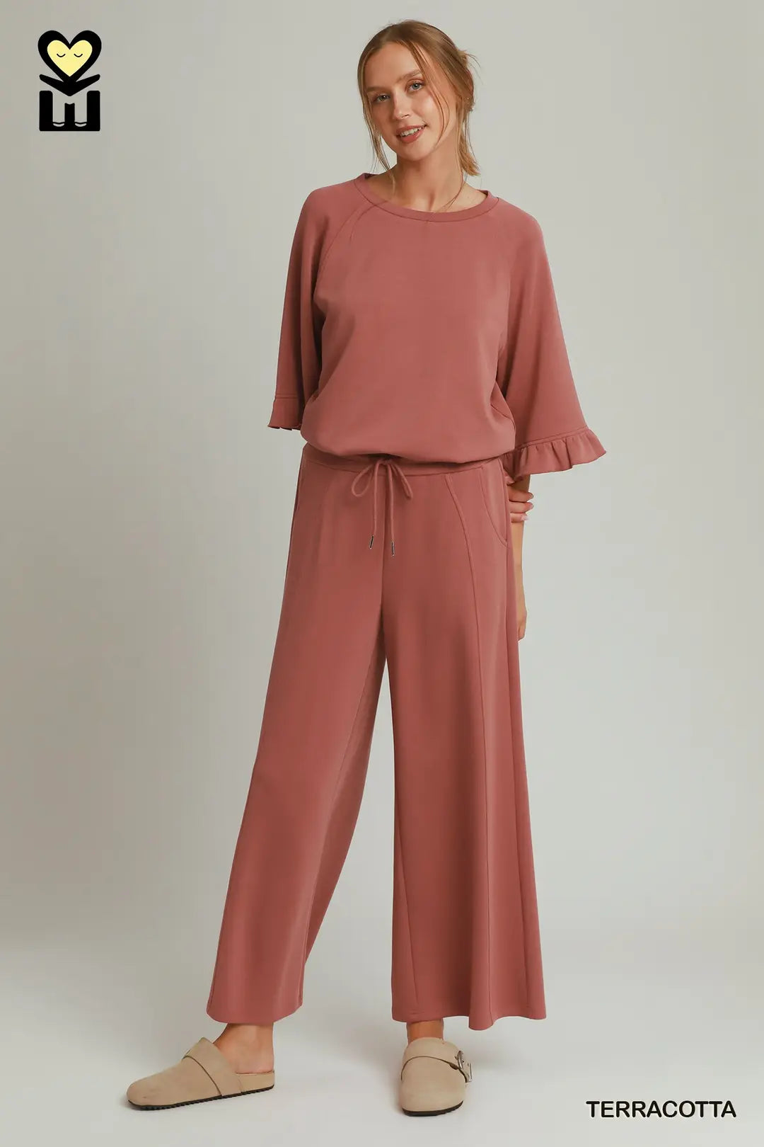SELECT LUXENIT Round Neck Ruffle Tier Ragland Sleeve Top with Wide Leg Pants Set