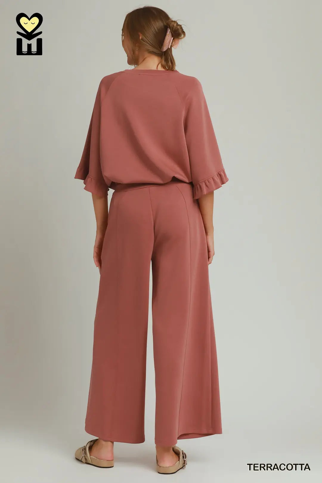SELECT LUXENIT Round Neck Ruffle Tier Ragland Sleeve Top with Wide Leg Pants Set