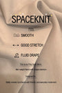 A close-up of beige spaceknit fabric with draped folds and printed text describing its properties: smooth, good stretch, and fluid drape. The text also notes it is a mid-weight poly span fabric designed for active use.