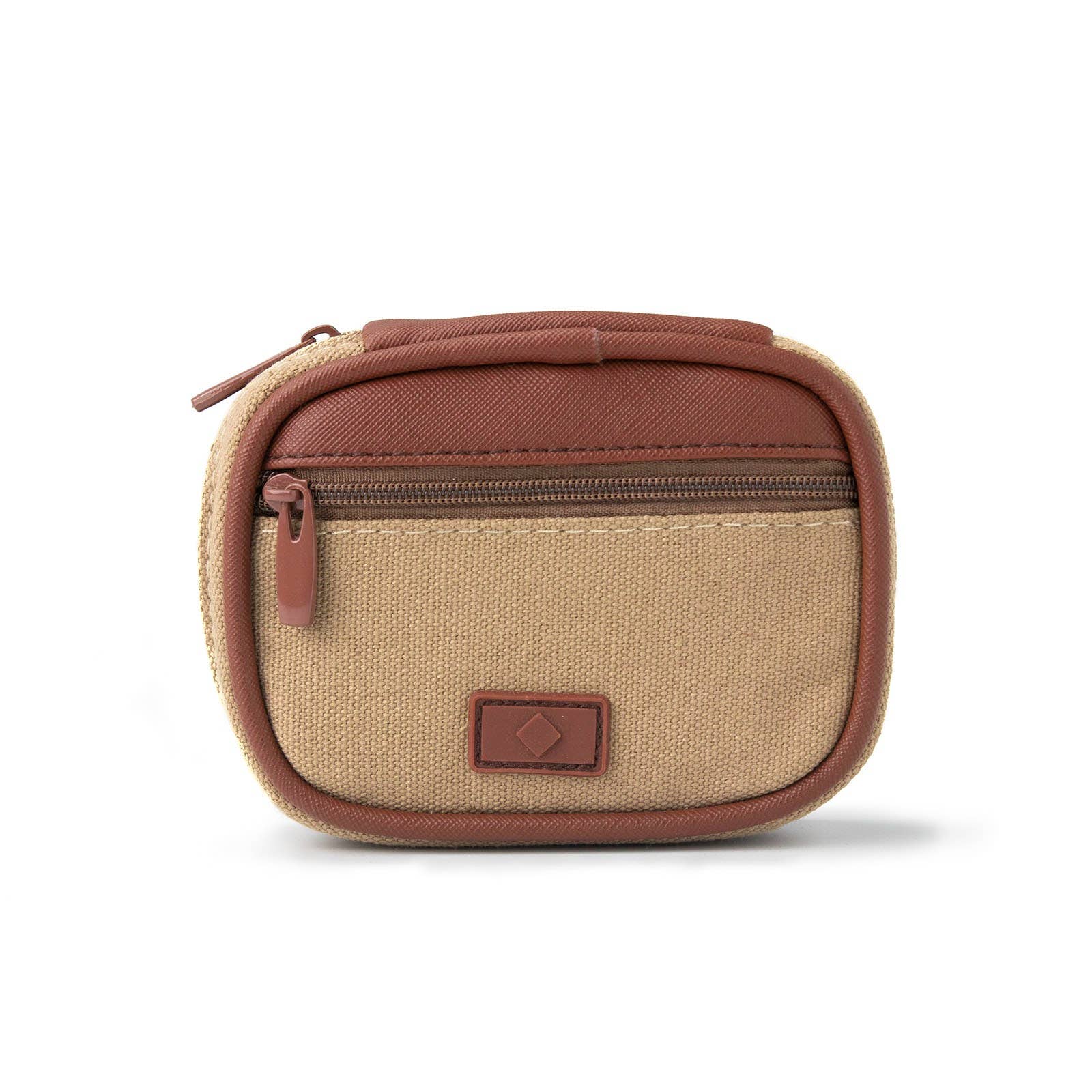 Small beige and brown pouch with a zipper on a white background