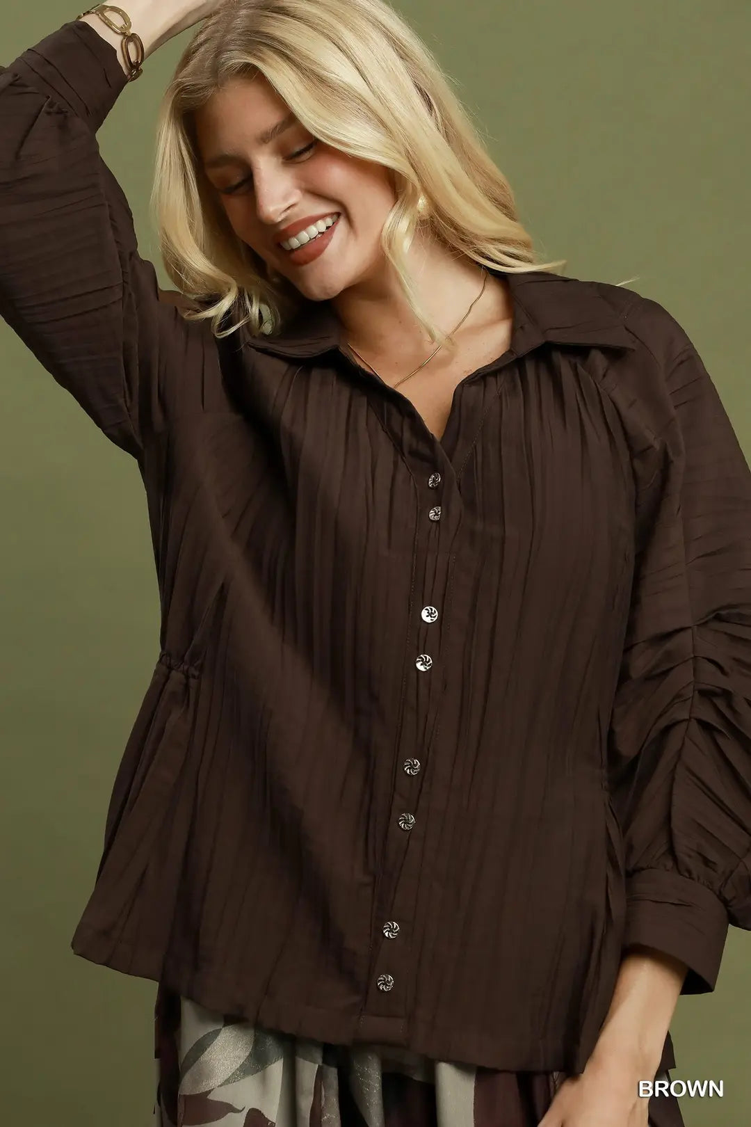 V-Neck Button Front Top with Elastic Waist and Ruched Sleeve