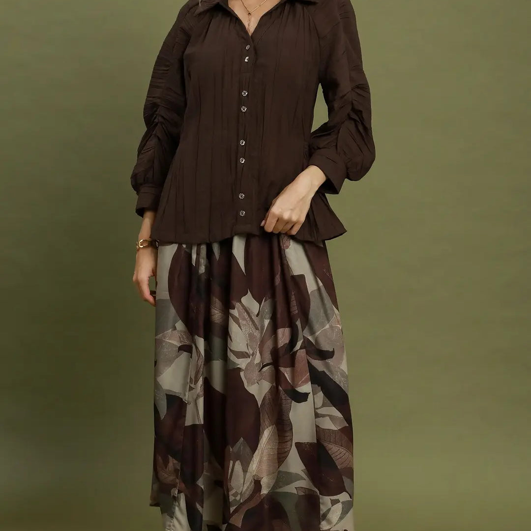 V-Neck Button Front Top with Elastic Waist and Ruched Sleeve