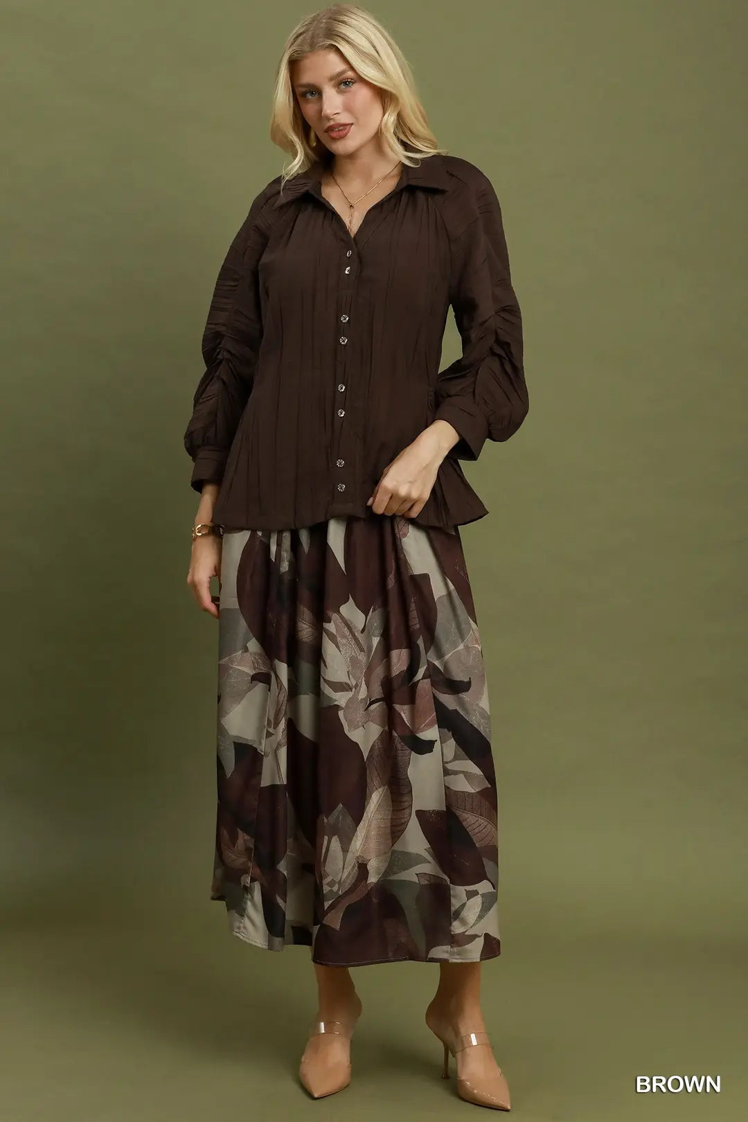 V-Neck Button Front Top with Elastic Waist and Ruched Sleeve