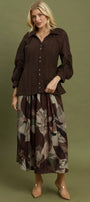 V-Neck Button Front Top with Elastic Waist and Ruched Sleeve