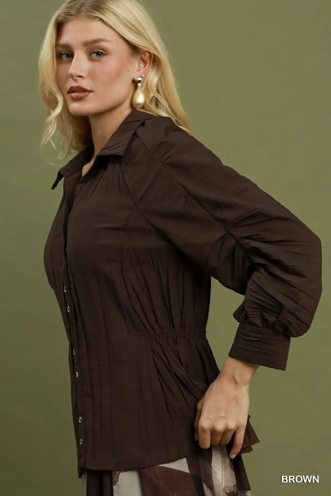 V-Neck Button Front Top with Elastic Waist and Ruched Sleeve