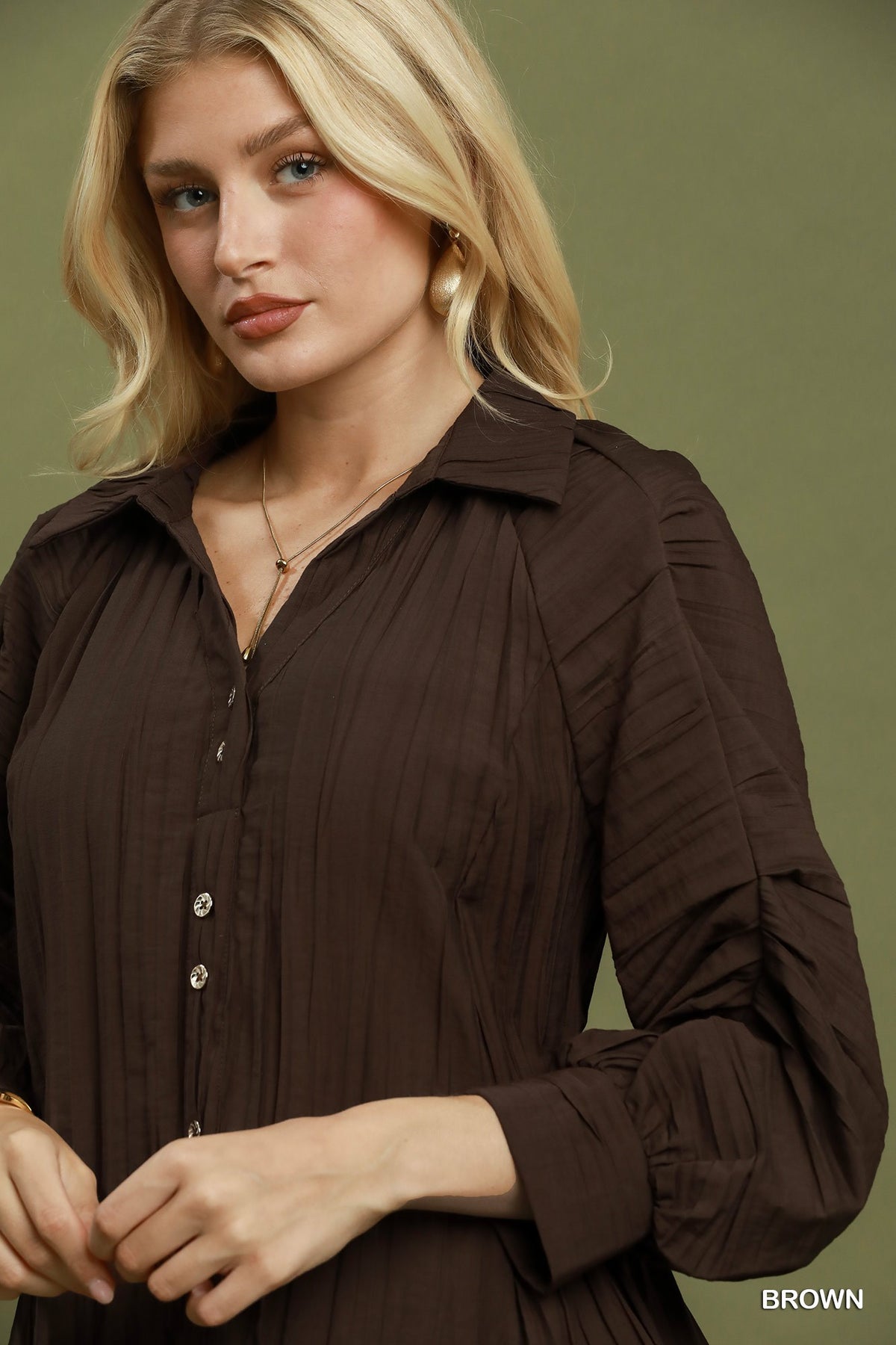 V-Neck Button Front Top with Elastic Waist and Ruched Sleeve