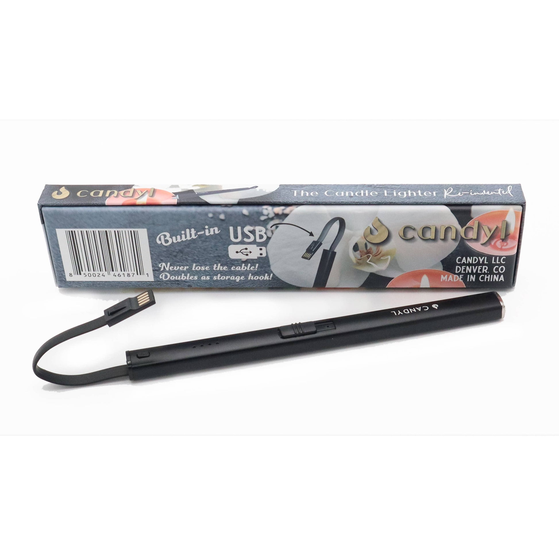 Candle lighter with USB connection and packaging on a white background