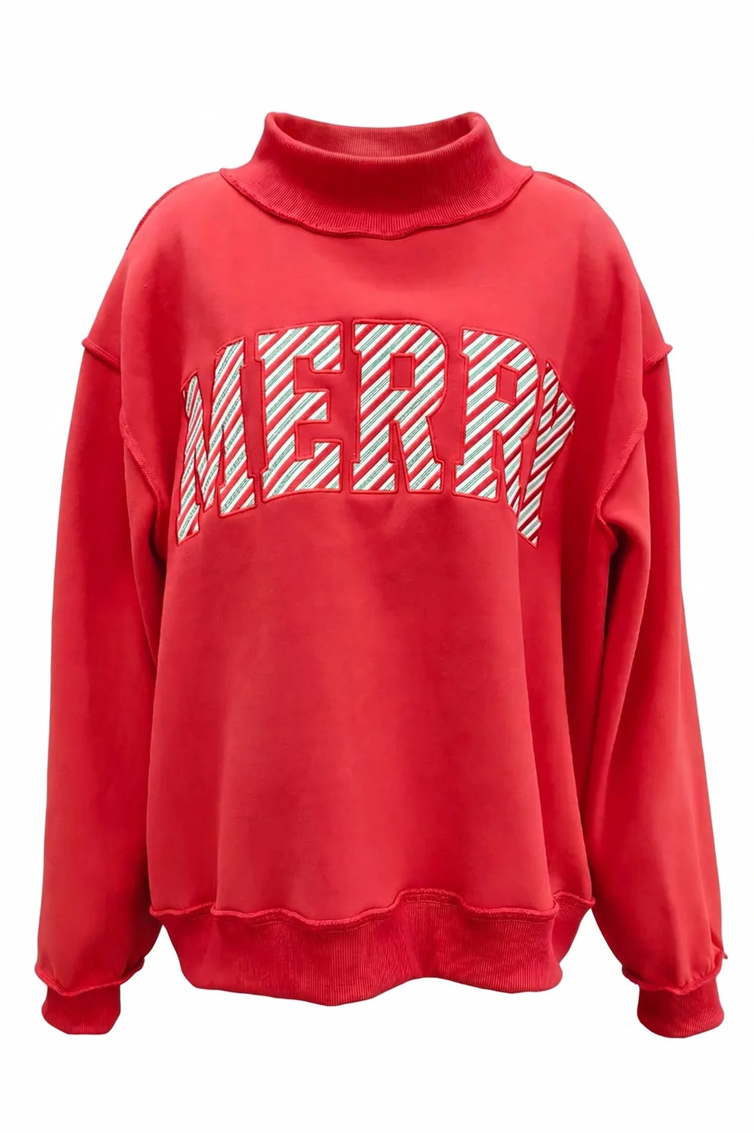Red mock-neck sweatshirt with striped embroidered letter graphic