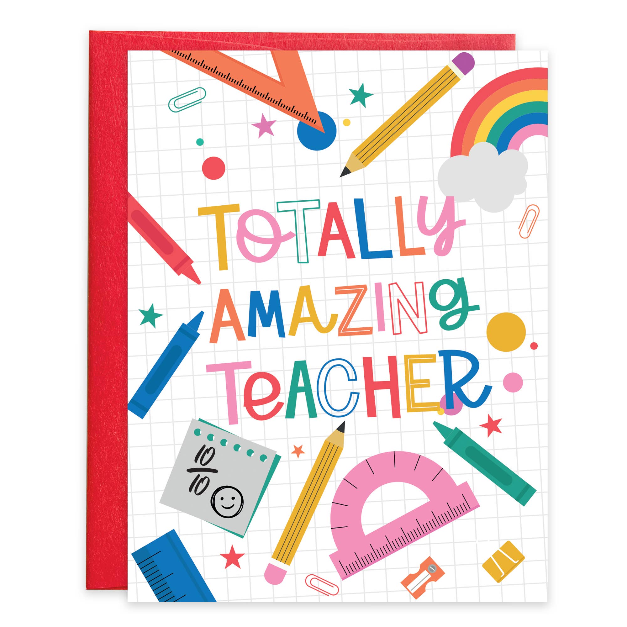 Card with colorful text 'Totally Amazing Teacher' surrounded by school supplies on a red border.