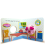 Children's book with illustrations of a pig, cat, and house on a white background
