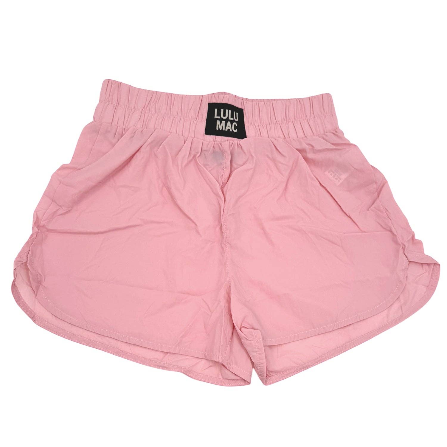 Pink shorts with 'LULU MAC' label on a white background