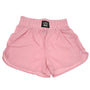 Pink shorts with 'LULU MAC' label on a white background