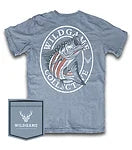 Blue t-shirt with fish graphic and 'Wildgame Collective' logo on a white background