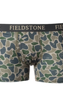 Camouflage-patterned boxer briefs with 'Fieldstone' branding on a white background