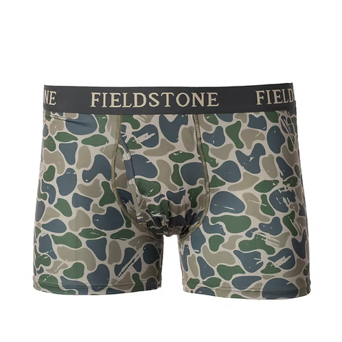 Camouflage-patterned boxer briefs with 'Fieldstone' branding on a white background