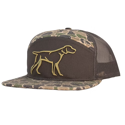 Camouflage cap with a dog logo on a white background