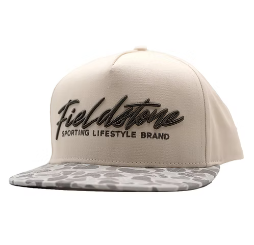 Beige cap with 'Fieldstone' branding on a white background