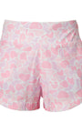 Pink and white patterned shorts on a white background