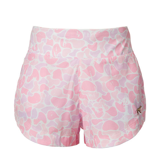 Pink and white patterned shorts on a white background