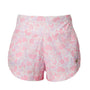 Pink and white patterned shorts on a white background