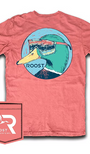 Red t-shirt with duck graphic and 'Roost' logo on a white background