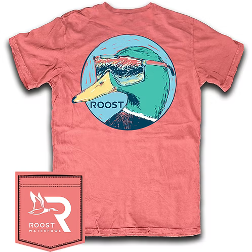 Red t-shirt with duck graphic and 'Roost' logo on a white background