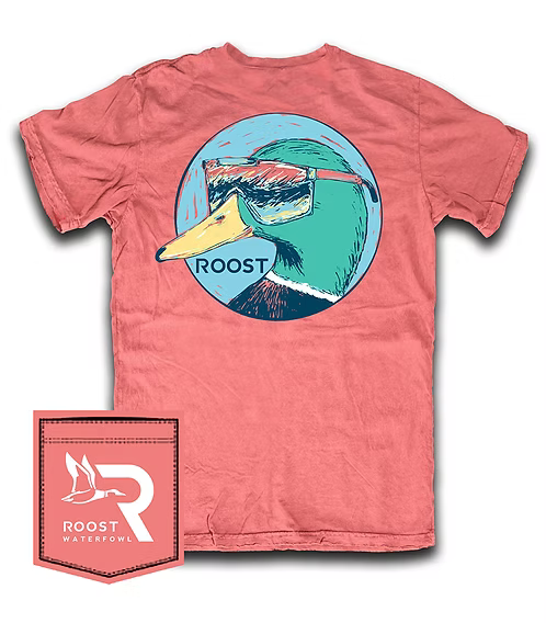Red t-shirt with duck graphic and 'Roost' logo on a white background