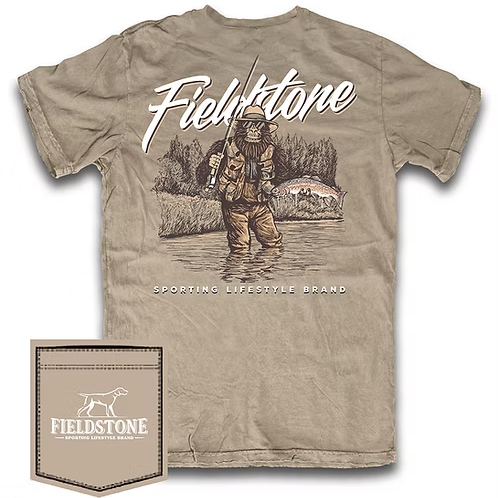 Beige t-shirt with hunting graphic and Fieldstone branding on a white background