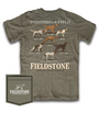 Green t-shirt with dog illustrations and 'Fieldstone' branding on a white background