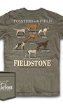 Green t-shirt with dog illustrations and 'Fieldstone' branding on a white background