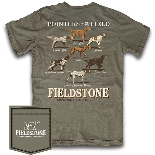 Green t-shirt with dog illustrations and 'Fieldstone' branding on a white background
