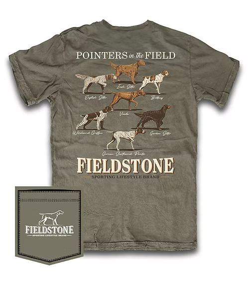 Green t-shirt with dog illustrations and 'Fieldstone' branding on a white background
