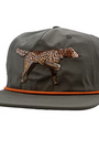 Gray cap with a dog illustration and orange trim on a white background
