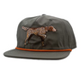 Gray cap with a dog illustration and orange trim on a white background