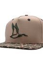 Beige cap with green logo and camouflage brim on a white background