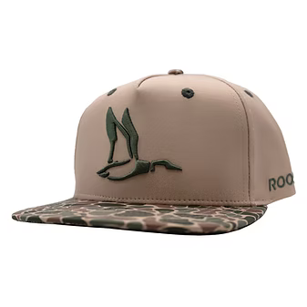 Beige cap with green logo and camouflage brim on a white background