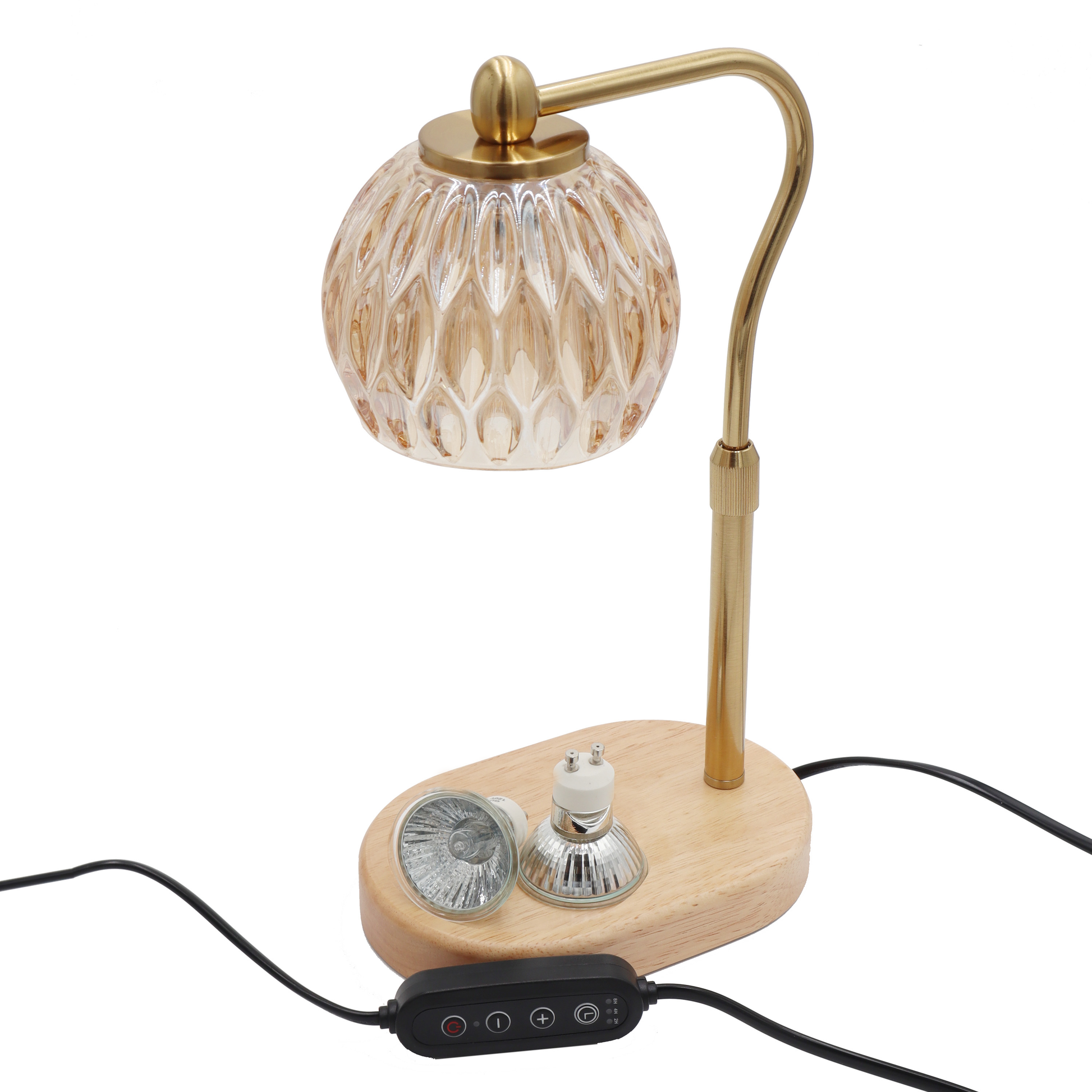 Candle warmer lamp with glass shade, brass arm, and light bulbs