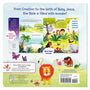 Back cover of a children's book with illustrations and text about Bible stories and characters.
