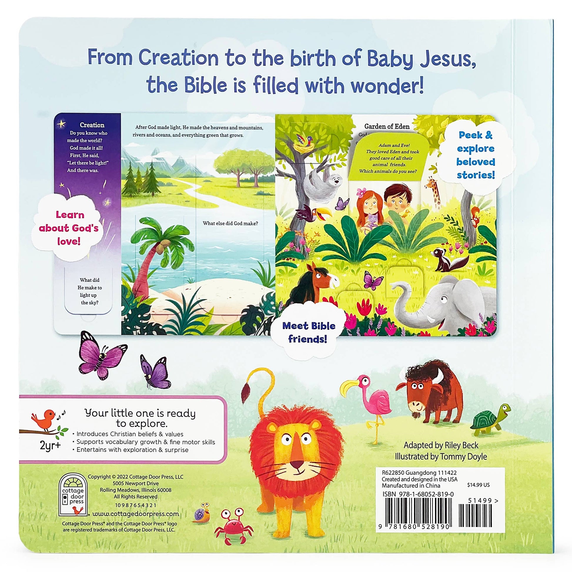 Back cover of a children's book with illustrations and text about Bible stories and characters.