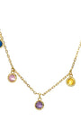 Gold necklace with colorful gemstones on a white background