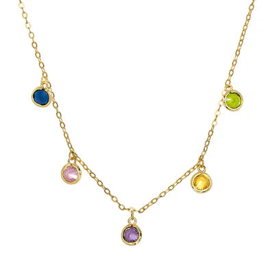 Gold necklace with colorful gemstones on a white background