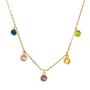 Gold necklace with colorful gemstones on a white background