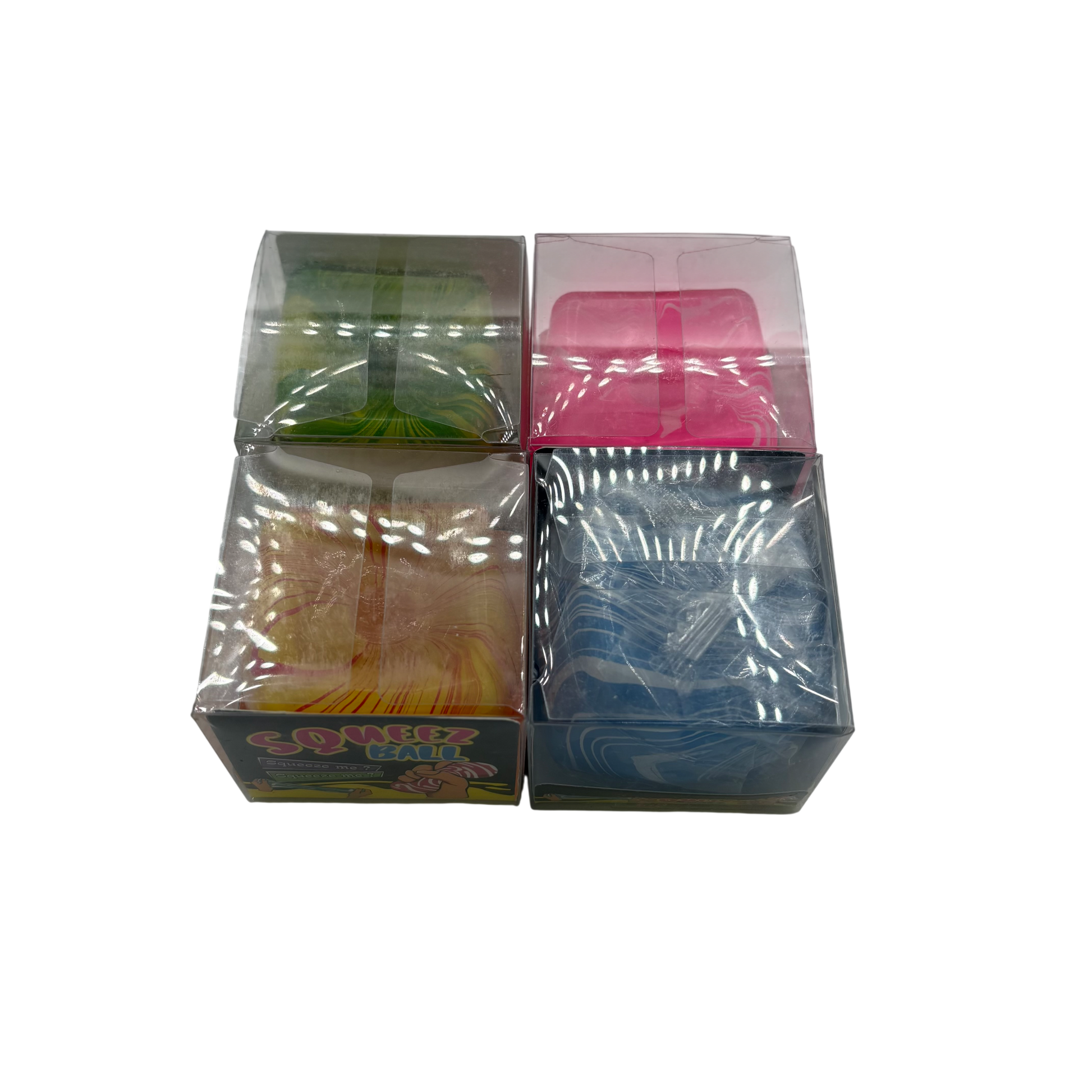 Three colorful boxes with transparent lids on a white background