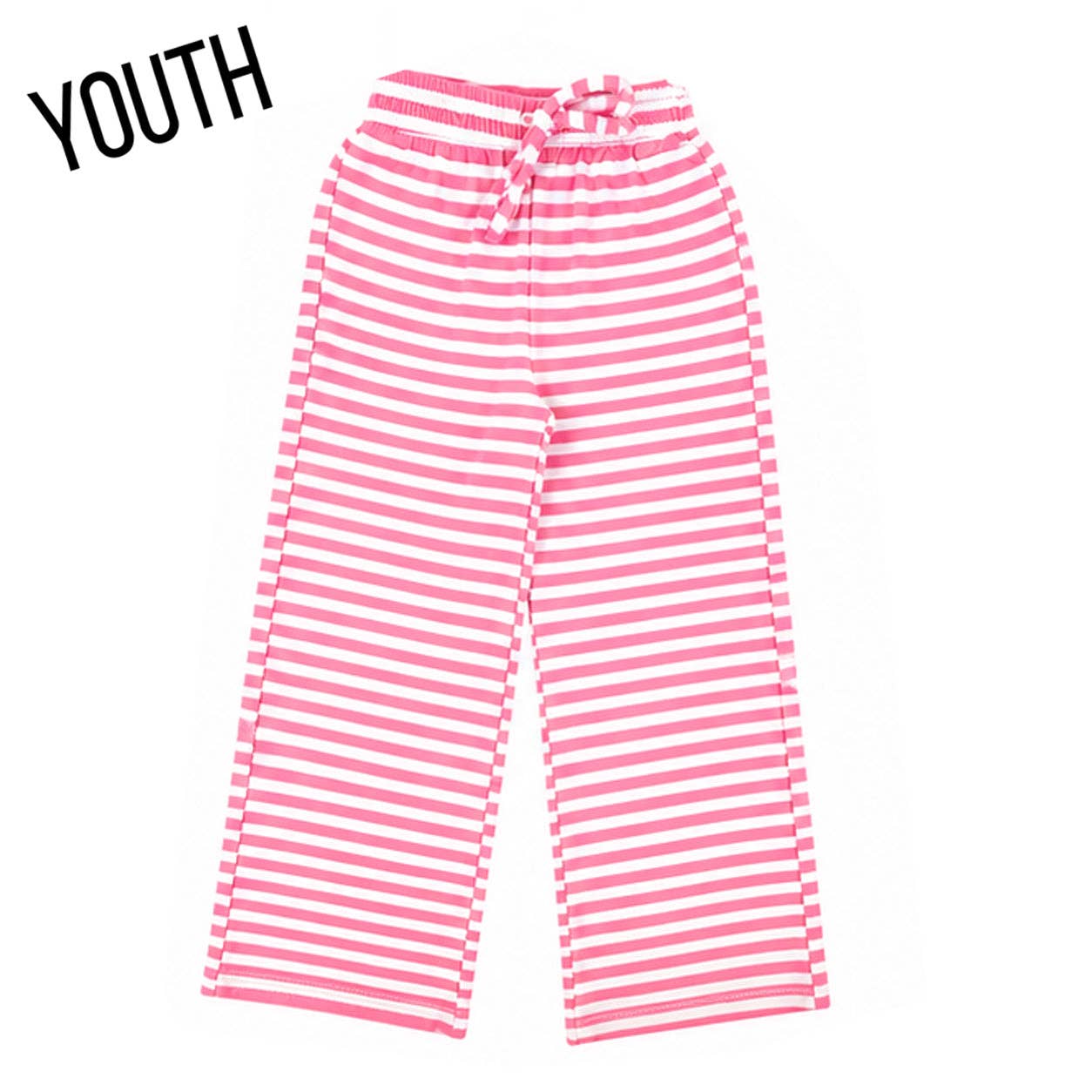Youth striped pants in neon pink with white horizontal stripes and elastic waistband