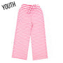 Youth striped pants in neon pink with white horizontal stripes and elastic waistband