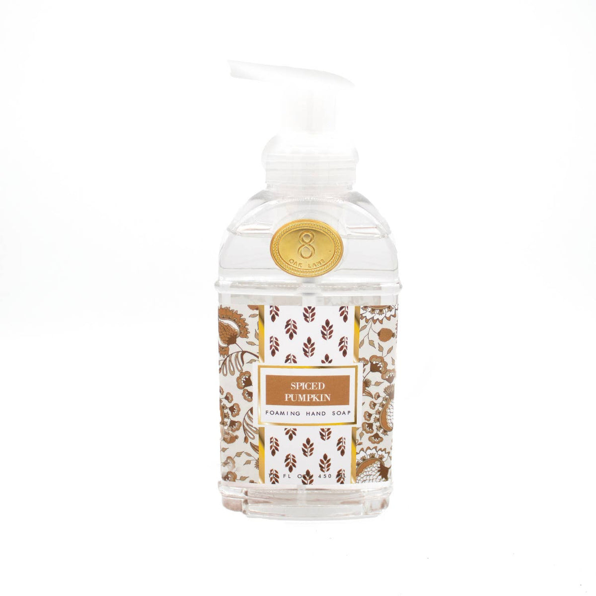 Spiced pumpkin foaming hand soap pump bottle with patterned label and gold seal