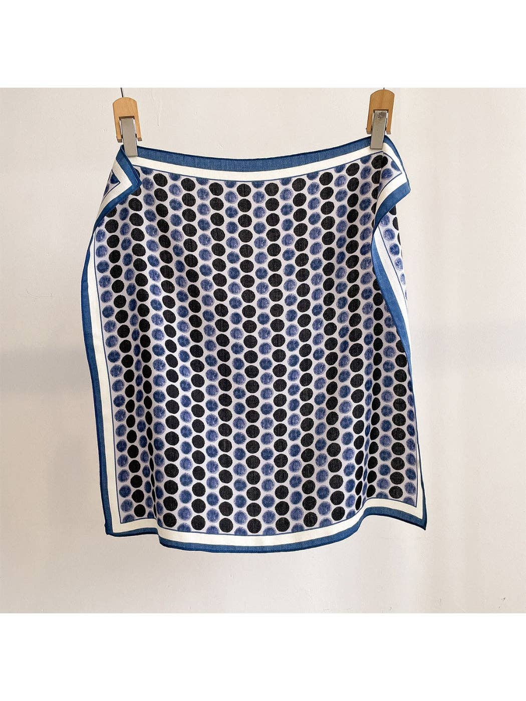 Navy blue retro dot square scarf with white dots and navy border