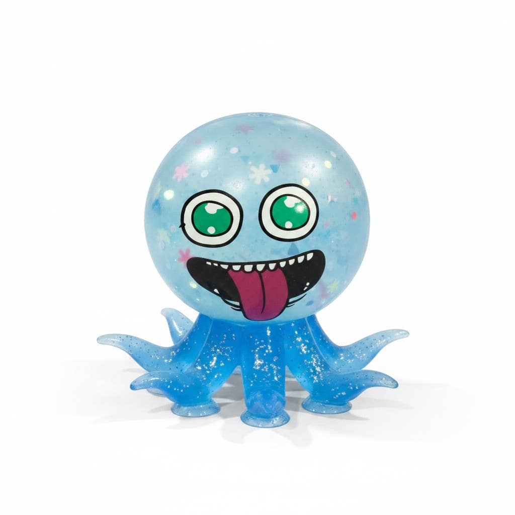 Blue gelatinous creature with googly eyes and a wide smile on a white background